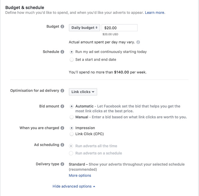 Setting budget and schedule of Instagram ads